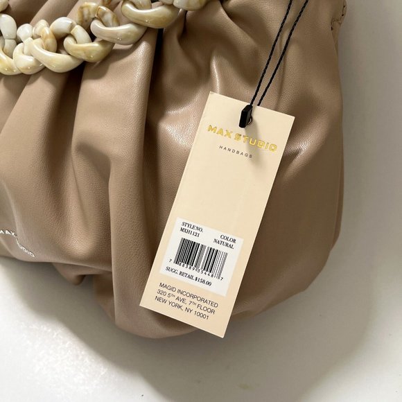 NWT Max Studio Ruched Shoulder Bag Beige Chain Strap Vegan Leather Purse Handbag - Picture 2 of 7